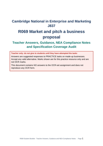 OCR Cambridge National Enterprise & Marketing R069 | 172-Page NEA Workbook & Teacher Guide