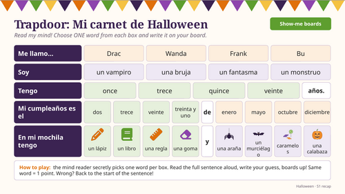 FREE Y7/S1 Spanish Halloween trapdoor (mind-reading) game