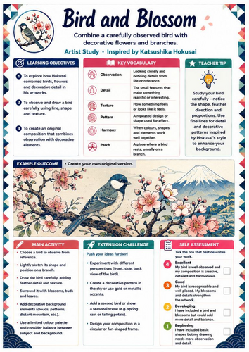Hokusai Bird and Blossom Worksheet | KS3 Japanese Art, Observational Drawing & Nature