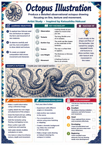 Hokusai Octopus Illustration Worksheet | KS3 Art Observational Drawing, Texture & Sea Life