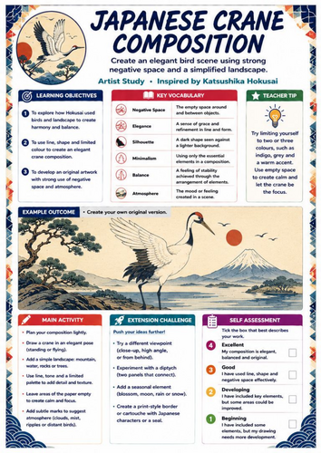 Hokusai Japanese Crane Composition Worksheet | KS3 Japanese Art, Bird Drawing & Negative Space