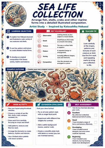 Hokusai Sea Life Collection Worksheet | KS3 Art Marine Life Drawing, Pattern & Texture