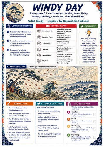 Hokusai Windy Day Art Worksheet | KS3 Expressive Drawing, Movement & Japanese Art