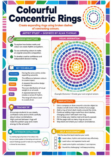 Alma Thomas Colourful Concentric Rings Worksheet | KS3 Abstract Art & Colour Theory