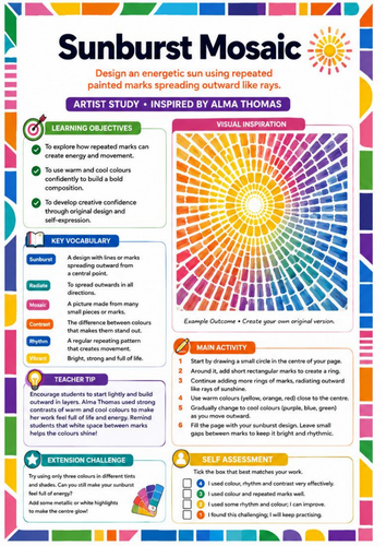 Alma Thomas Sunburst Mosaic Worksheet | KS3 Art Warm & Cool Colours Activity