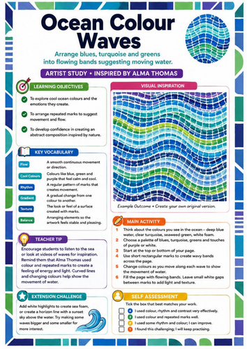 Alma Thomas Ocean Colour Waves Worksheet | KS3 Art Cool Colours & Abstract Pattern