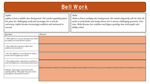 A Level Sociology Education Topic 2 Class Difference in Achievement- Internal