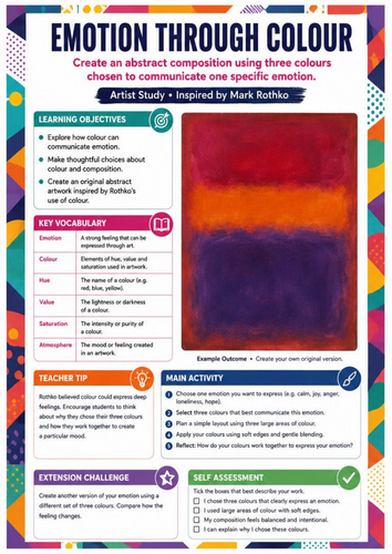 Mark Rothko Emotion Through Colour Worksheet | KS3 Art | Colour Theory & Abstract Expressionism