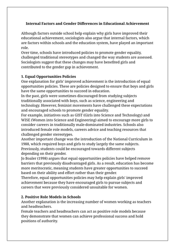 A Level Sociology Education Topic 4 Gender Difference in Achievement