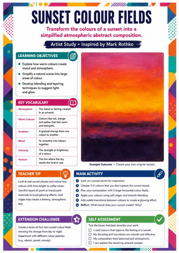 Mark Rothko Sunset Colour Fields Worksheet | KS3 Art | Warm Colours & Abstract Painting
