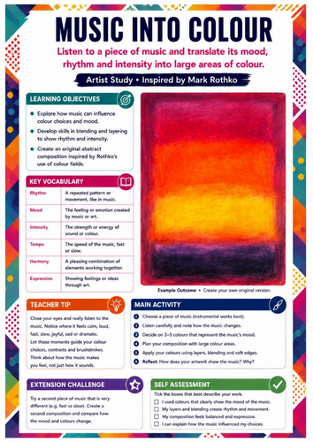 Mark Rothko Music Into Colour Worksheet | KS3 Art | Abstract Expressionism & Emotional Colour