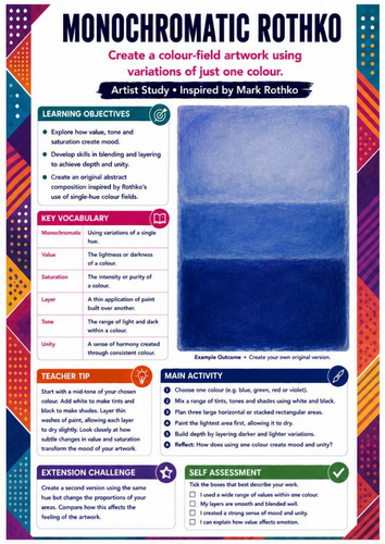 Mark Rothko Monochromatic Colour Worksheet | KS3 Art | Tone, Value & Abstract Expressionism
