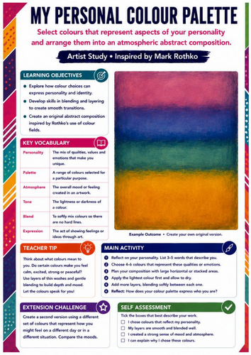 Mark Rothko My Personal Colour Palette Worksheet | KS3 Art | Identity, Colour Theory & Abstract Pain