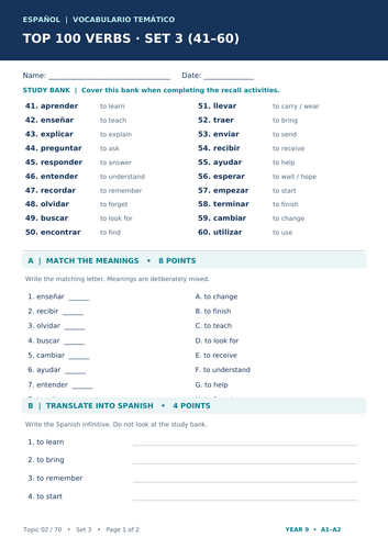 Top 100 Spanish Verbs – Set 3 (Verbs 41–60) | KS3 Spanish Vocabulary Worksheets | A1–A2