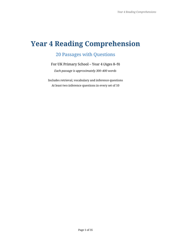 20 Year 4 Reading Comprehensions