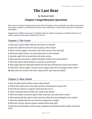 The Last Bear by Hannah Gold Chapter Comprehension Questions