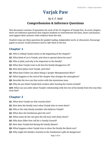 Varjak Paw   by S. F. Said - Comprehension & Inference Questions