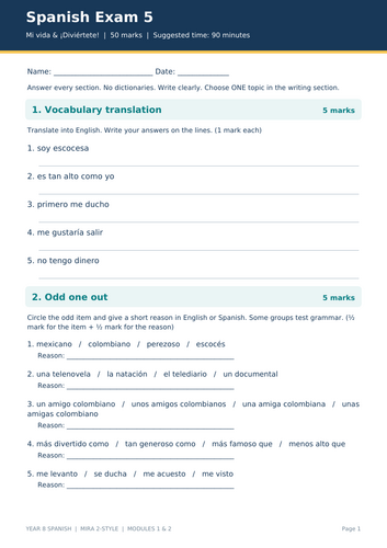Year 8 Spanish Exam Bundle | Mira 2-Style Modules 1 & 2 | 5 Tests + Answers