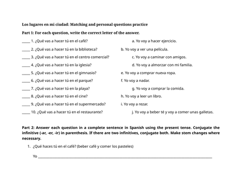 Los lugares en mi ciudad: Matching and personal questions practice