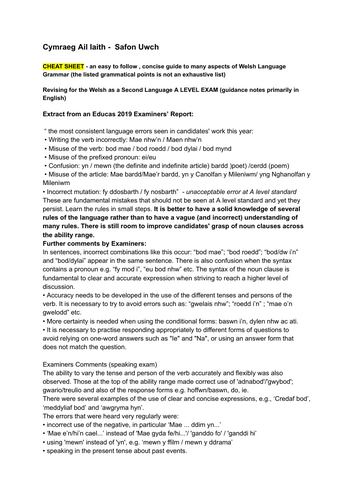 Welsh Second Language A Level Revision: points of grammar and extracts from examiners reports