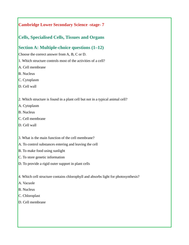 Cambridge Lower secondary stage 7 - biology questions and answers - Cells