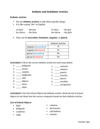 Spanish Definite and Indefinite Articles | Grammar Notes & Practice Worksheets