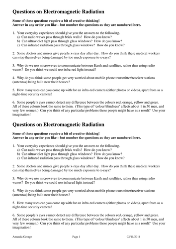Questions on EM Radiation Worksheet