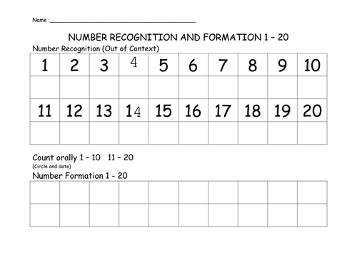 Number Recognition Assessment Form