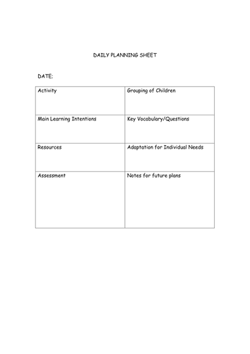 daily activity planning sheet | Teaching Resources