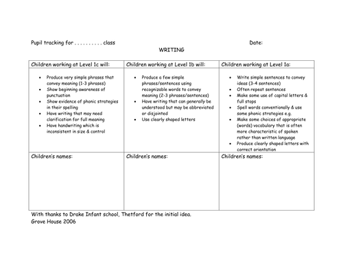 Group tracking sheets writing level 1-3