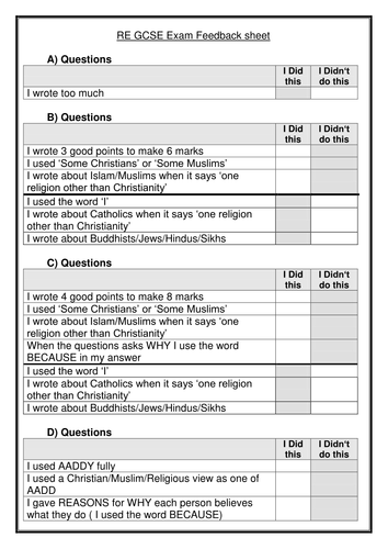 GCSE RE Edexcel Exam feedback student target sheet by egyptiangirl