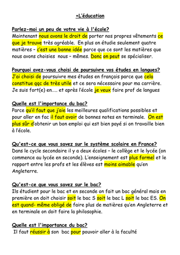 AQA French AS oral exam questions and answers by redpens 