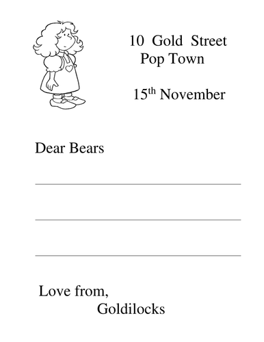 writing frame: letter from Goldilocks to 3 bears