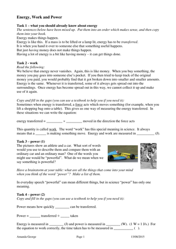 Energy, Work and Power Task Sheet