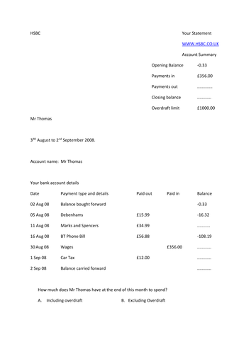 negative numbers year 6 extension bank statement activity