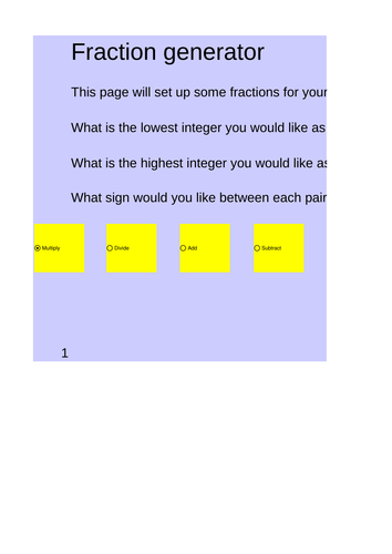 Fractions Four Operations worksheet generator