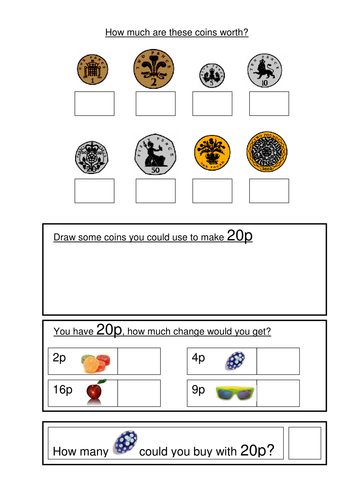 money worksheets ks1 coin recognition change and problem