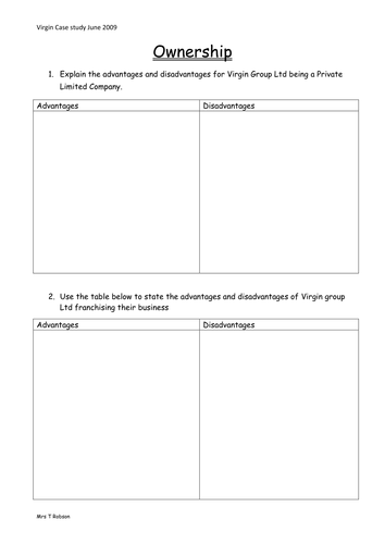 Ownership table for Virgin Case study 