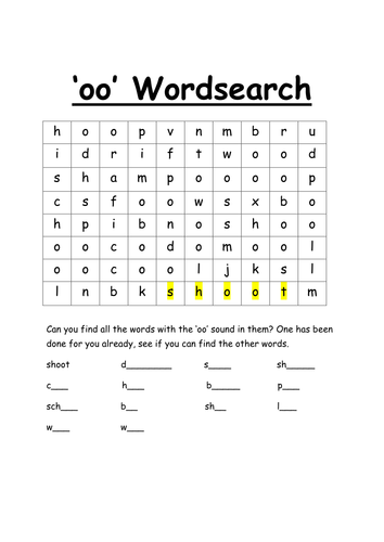 for worksheets free kindergarten oo Teaching 'oo' Resources by  mbuchanan20 wordsearch