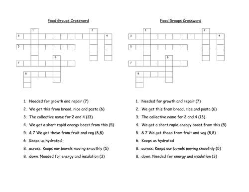 Food Groups Crossword Teaching Resources