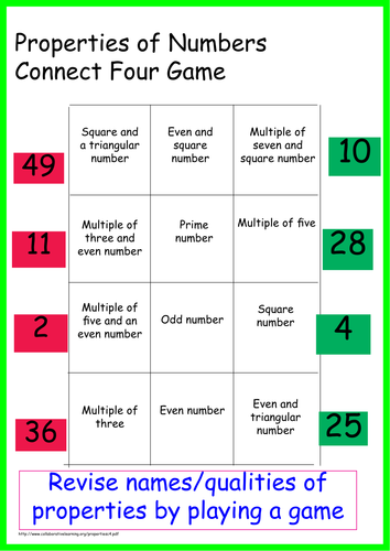 Properties of Number Connect Four.Games. KS2, KS3