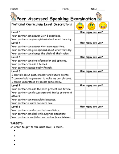 Speaking: Peer Assessment Sheets (A4L)