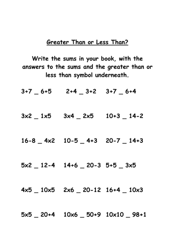 Greater than or less than worksheets