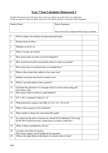 Year 7 Non-Calculator Homework Worksheets