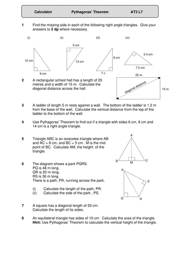 Pythagoras. Worksheet. Geometry. KS4.