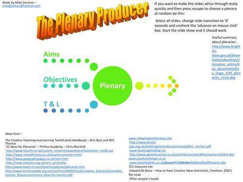 The Plenary Producer. Ideas. KS2, KS3 (11-14)  PPT