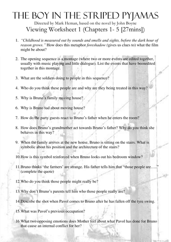 Boy In Striped Pyjamas Film Viewing Sheets Teaching Resources