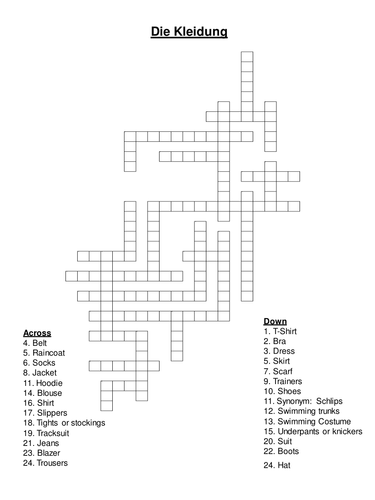 Clothing Crossword | Teaching Resources