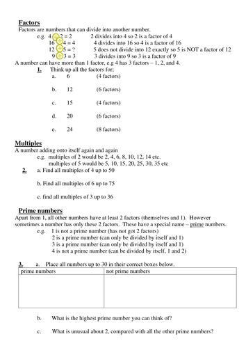 worksheet and revision aid for number work