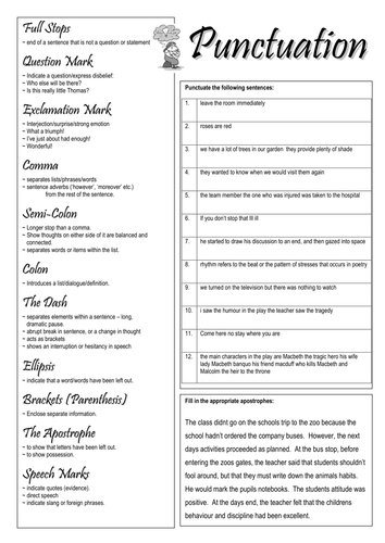 igcse 6 exercise english PUNCTUATION  Resources by  Tes Teaching Worksheet Smudge78